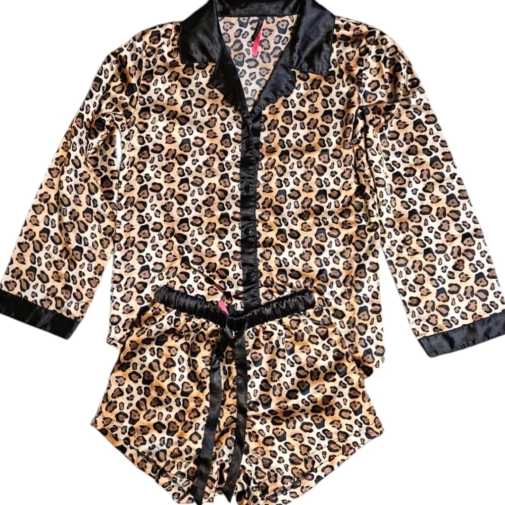 Wmns Satin Leopard Print Pajama Set Sz S Cheetah Shorts & Long Sleeve Button Up